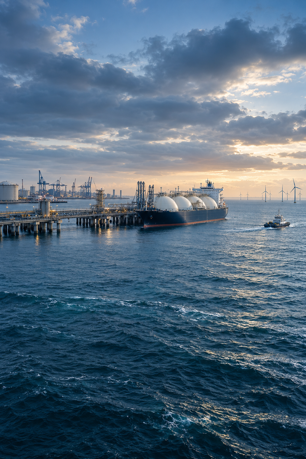 Illustrative maritime scene with an LNG terminal, port, service vessel and offshore wind turbines